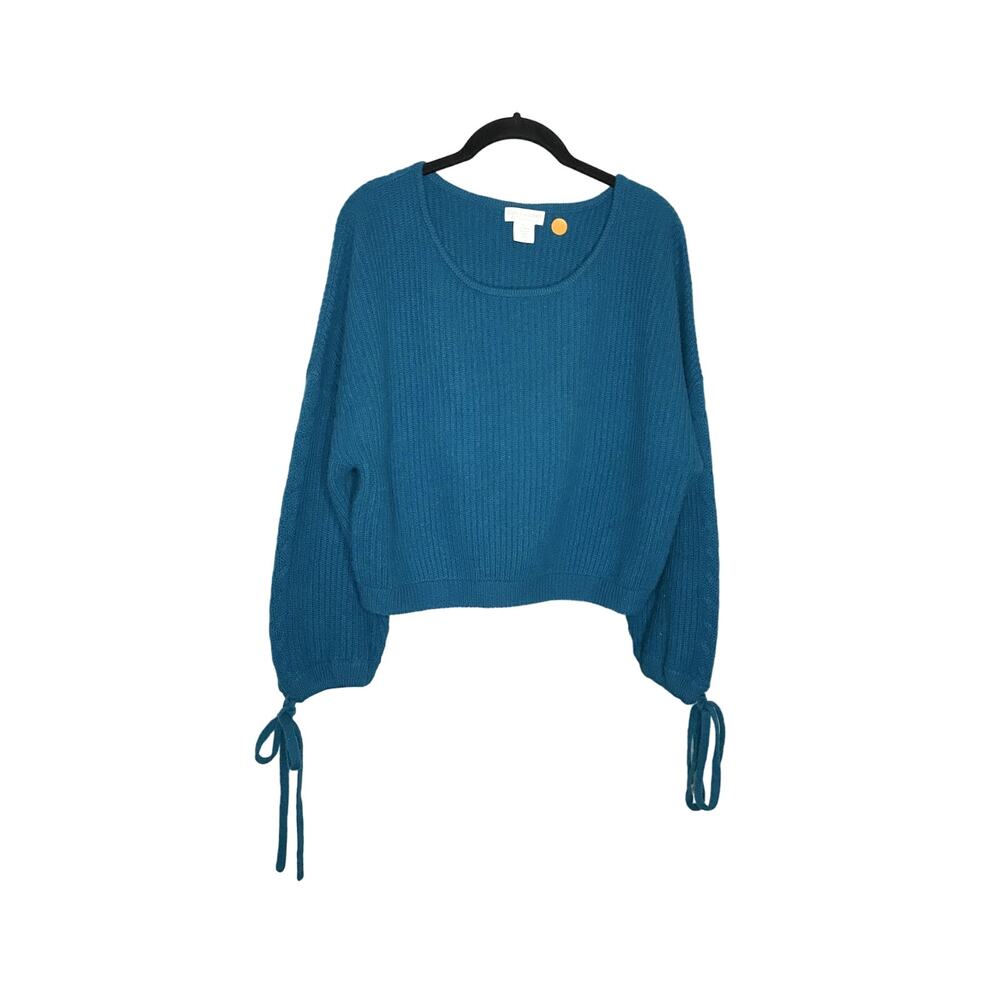 Oats Cashmere teal drop shoulder hand tie knit sweater